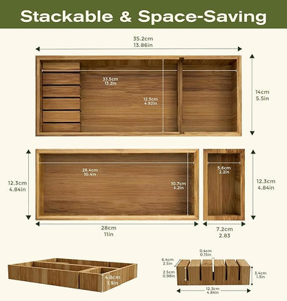 KOCWELL Bamboo Drawer Organizer with Knife Block, 3 Removable Silverware Drawer Organizer Bins - Multi-Use for Kitchen Utensils, Office, Makeup, Tools Storage