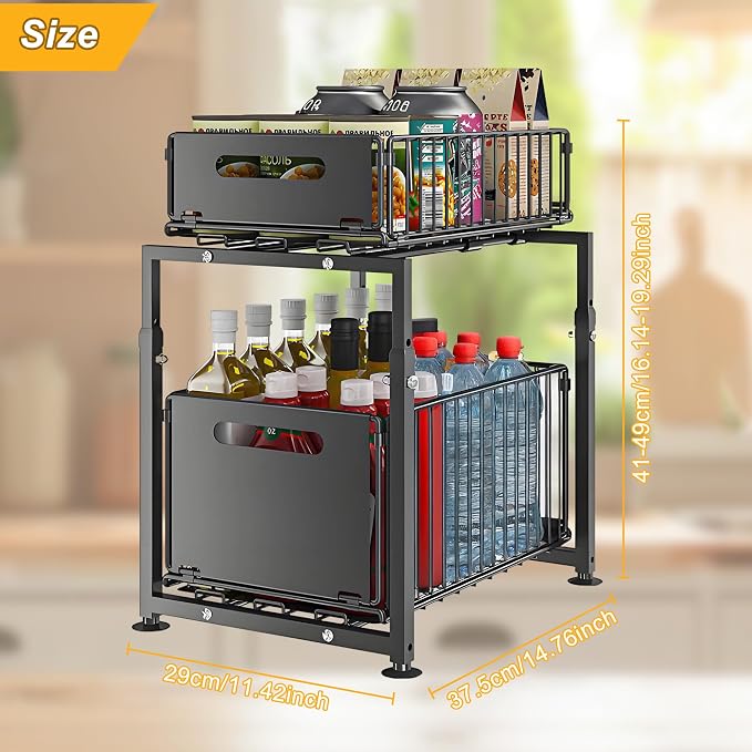 Under Sink Organizer, Pull Out Cabinet Organizer 2 Tier Slide Out Sink Shelf Cabinet Storage Shelves, Under Sink Storage for Kitchen Bathroom Cabinet, Black, 1 Pack