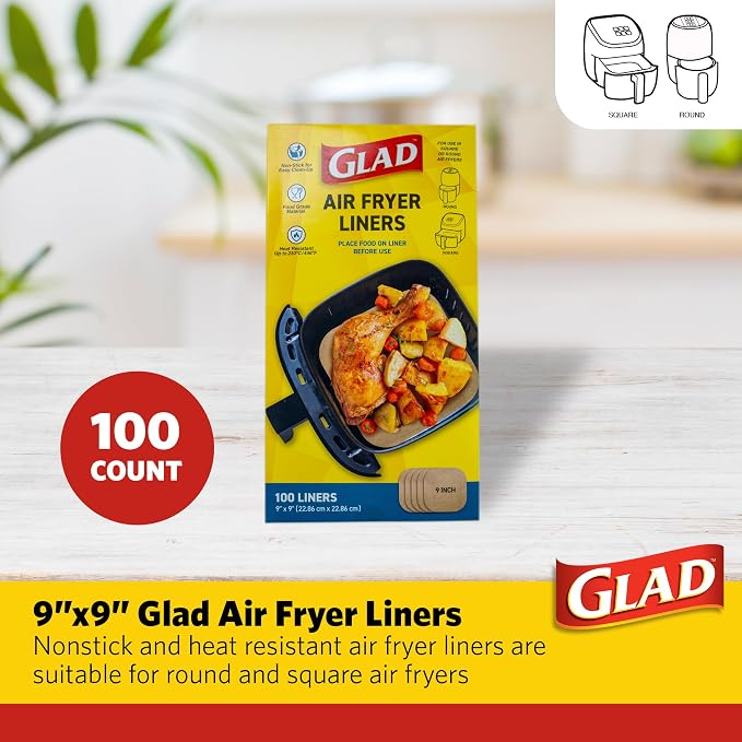 Glad Air Fryer Parchment Liners, Nonstick, Heat Resistant to 446 Degrees F, Food-Grade Material, Flat Square for Round and Square Air Fryer Baskets, 9" x 9", 100 Count