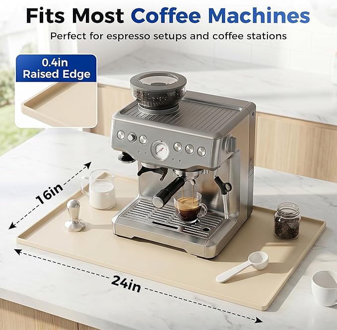 Golener Silicone Coffee Mat - 24" x 16" Coffee Bar Mat for Countertop with Raised Edges, Kitchen Station Pad, Accessories Fit Under Coffee Machine, Waterproof Dish Drying Mat, Heat Resistant, Beige