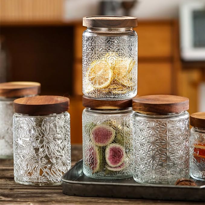 Vintage Glass Jars with Wooden Lids, 4 Pack 24 oz Airtight Glass Food Storage Containers Sets for the Kitchen, Sugar Coffee Candy Spice Cookie Tea Pasta