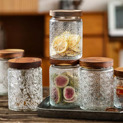 Vintage Glass Jars with Wooden Lids, 24 oz Airtight Glass Food Storage Containers Sets for the Kitchen, Sugar Coffee Tea Cookie Candy Spice Pasta