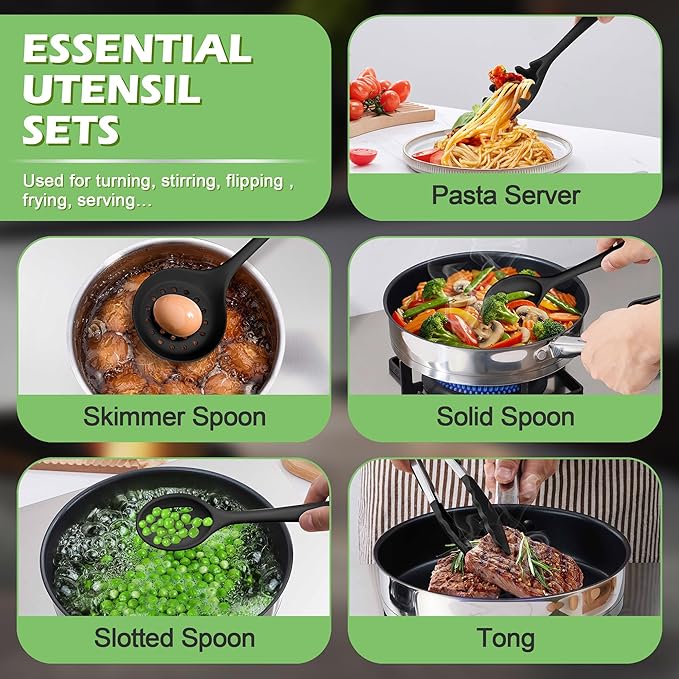Homikit Silicone Cooking Utensil Set, 15pcs Kitchen Utensils with Holder for Nonstick Cookware, Heat Resistant Nontoxic Silicone Spatula Set Dishwasher Safe Kitchen Tools for Baking-Black
