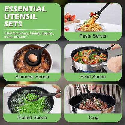 Homikit Silicone Cooking Utensil Set, 15pcs Kitchen Utensils with Holder for Nonstick Cookware, Heat Resistant Nontoxic Silicone Spatula Set Dishwasher Safe Kitchen Tools for Baking-Black