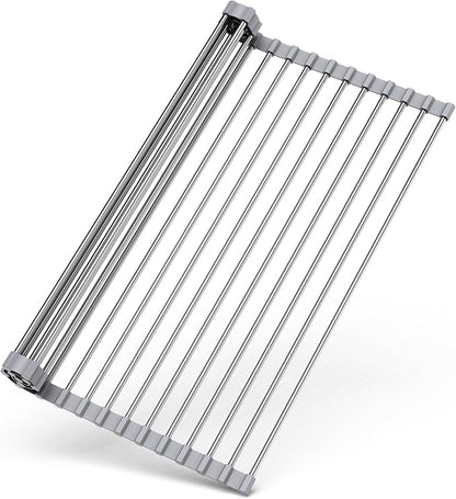 Roll Up Dish Drying Rack Over Sink, 17" x 15.7", Stainless Steel with Non-Slip Silicone Ends, Gray