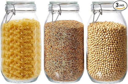 3 Pack 68oz Food Storage Jars with Airtight Lids, Preserving Seal Wire Clip Fastening Glass Containers, Canisters for Kitchen Organization, Flour, Cereal, Pasta, Sugar, Beans, Pickling Jars(68 Oz*3)