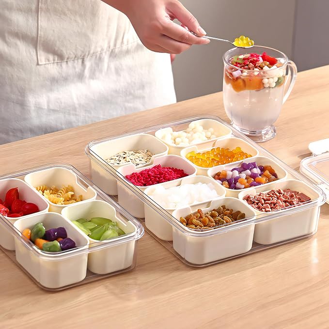 2Pack Snackle Box with Handle for Food Serving Tray Snack Platter with Lids Stackable Fruit&Veggie Container with 8 Small Removable Boxes for Snack Charcuterie Candy Nuts Spice