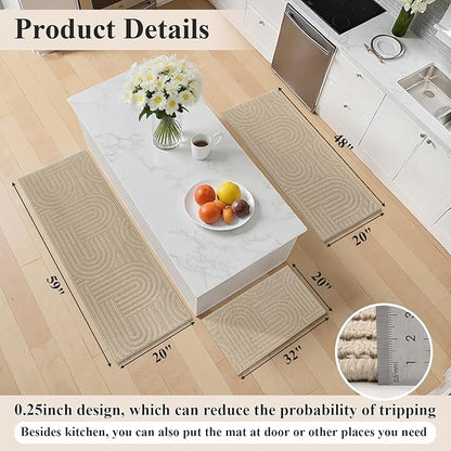 U'Artlines Kitchen Rugs and Mats Set of 3, Non Skid Washable Beige Geometric Kitchen Mats for Floor, Absorbent and Stain Resistant Floor Mat for Laundry, Sink Decor 20x32+20x48+20x59