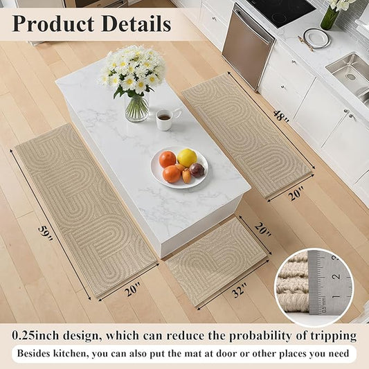 U'Artlines Kitchen Rugs and Mats Set of 3, Non Skid Washable Beige Geometric Kitchen Mats for Floor, Absorbent and Stain Resistant Floor Mat for Laundry, Sink Decor 20x32+20x48+20x59
