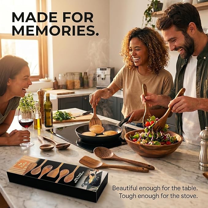 6-Piece Teak Wooden Cooking Utensil Set – Wooden Spoons & Spatulas for Nonstick Cookware, Non-Toxic Eco-Friendly Kitchen Tools– Ideal Father Day Gift for Dad!