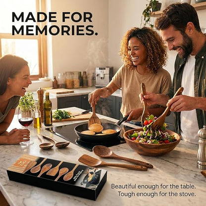 6-Piece Teak Wooden Cooking Utensil Set – Wooden Spoons & Spatulas for Nonstick Cookware, Non-Toxic Eco-Friendly Kitchen Tools– Ideal Father Day Gift for Dad!