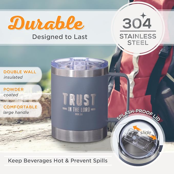 Christian Art Gifts Stainless Steel Double Wall Vacuum Insulated Camp Style Travel Mug 11 oz Gray Coffee Mug with Retractable Lid for Men/Women with Bible Verse- Trust In The Lord-Proverbs 3:5
