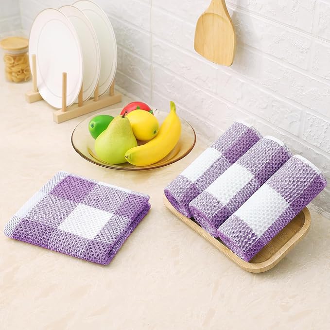 Homaxy 100% Cotton Waffle Weave Check Plaid Kitchen Towels, 13 x 28 Inches, Super Soft and Absorbent Dish Towels for Drying Dishes, 4-Pack, White & Purple