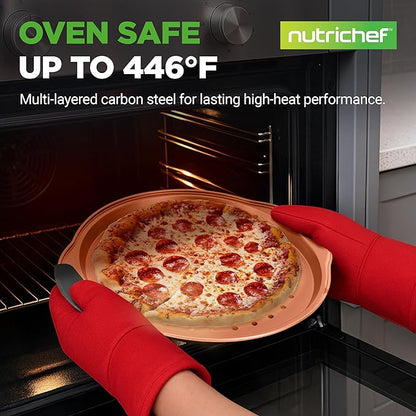 NutriChef 13-Inch Nonstick Pizza Tray - Round Carbon Steel Non-Stick Pizza Baking Pan with Perforated Holes, Premium Bakeware Pizza Screen with Silicone Grip Handles, Dishwasher Safe - Copper