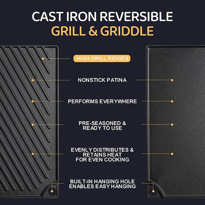 EWFEN Reversible Grill/Griddle, 16.7x9.5'' Pre-Seasoned Cast Iron Griddle Pan, Double Burner Cookware, Rectangular Non-Stick Stovetop Griddle with Handles, Flat Top Plate for Oven, Grill & Campfire