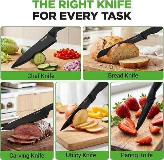 NutriChef 7 Piece Kitchen Knife Set - Stainless Steel Kitchen Precision Knives Set w/ 5 Knives & Bonus Sharpener, Acrylic Block Stand - Cutting Slicing, Chopping, Dicing - NCKNS7X