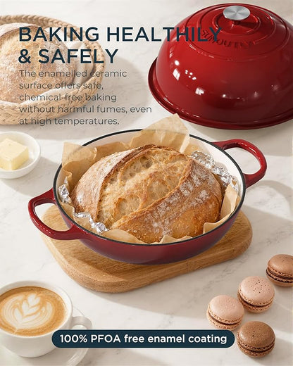Enameled Cast Iron Bread Oven, 6QT Cast Iron Dutch Oven for Homemade Sourdough Bread Baking, Round Bread Pot with Dome Lid & Cotton Potholders, Cherry Red