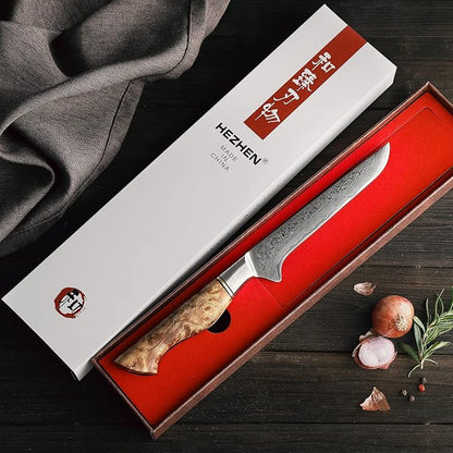 HEZHEN 6-Inch Boning Knife – 67 Layers Damascus Steel, Professional Meat Trimming & Deboning Knife for Home Cooking, Figured Sycamore Handle