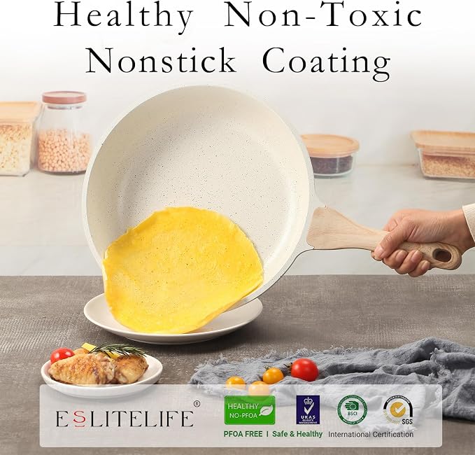 ESLITE LIFE Nonstick Ceramic Frying Pans Skillets Set with Lids, Non-Toxic Egg Omelette Kitchen Cooking Pans Compatible with All Stovetops (Gas, Electric & Induction), PTFE & PFOA Free (White)