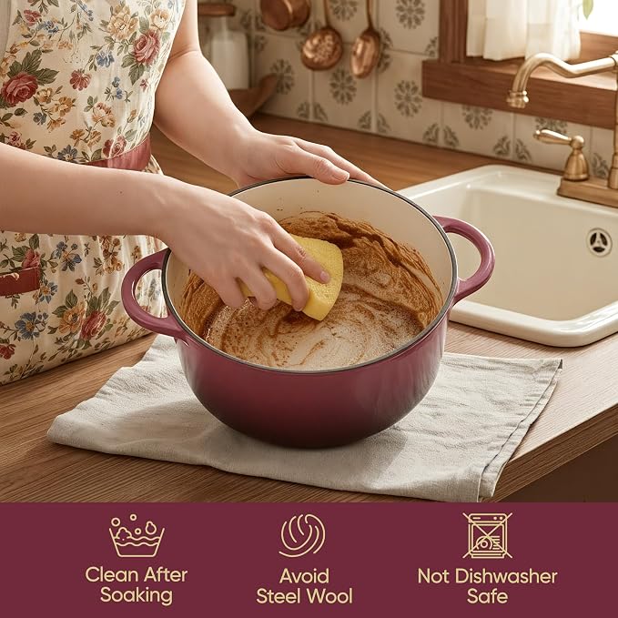 Vintage Style 4.5 Quart Dutch Oven Pot with Lid, Non Stick Enameled Cast Iron Dutch Oven for Bread Baking, Heavy-Duty, Oven Safe Ceramic Cookware Up to 500°F for Baking, Braising, Stews, Roasting, Rose