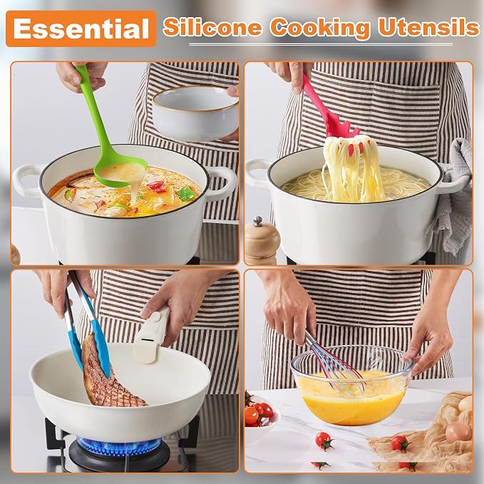 LIANYU 14 Pcs Cooking Utensils Set with Holder, Silicone Kitchen Cookware Utensils Set, Heat Resistant Cooking Gadget Tools Includes Spatula Spoon Turner Whisk Tong, Dishwasher Safe, Colorful
