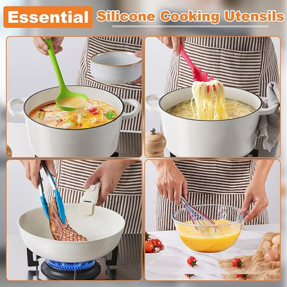 LIANYU 14 Pcs Cooking Utensils Set with Holder, Silicone Kitchen Cookware Utensils Set, Heat Resistant Cooking Gadget Tools Includes Spatula Spoon Turner Whisk Tong, Dishwasher Safe, Colorful