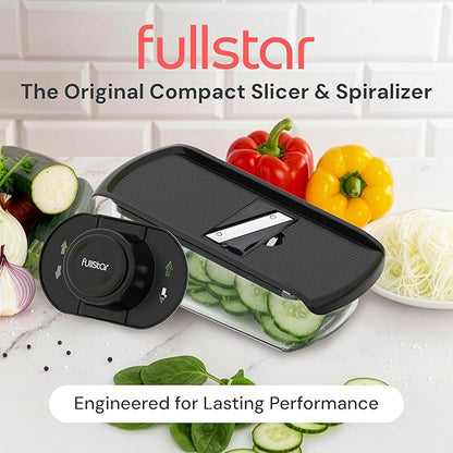 Fullstar Mandoline Slicer for Kitchen, Fruit Cutter, Cheese Grater, Cucumber Slicer, Veggie Spiralizer, Food Cutter & Kitchen Gadgets & Gifts with Safety Glove (6 in 1, Black)
