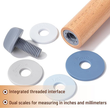 BAMBOO LAND- Adjustable Rolling Pin with Thickness Rings for Baking, 13.8", 4 Pastel Colored Thickness Rings (2-10 mm or 1/16"-3/8"), Wood Rolling Pins for Baking, Bread, Pizza Doughs