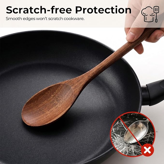 HAKSEN 2PCS Wooden Cooking Spoons, Natural Acacia Wood Kitchen Utensil, 12Inch Large Wooden Mixing Spoons for Nonstick Cookwares, Comfort Grip, Durable, Kitchen Gifts for Women, Cooking Gifts for Men