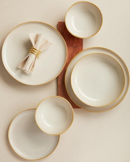 Pokini Plates and Bowls Sets, 16 Pieces Dinnerware Set for 4 with Pasta Bowls, Handmade Dishes Set, Chip Resistant Dishware Sets, Microwave Safe Dinner Set, Designed for Interactive Meal, Yellow White