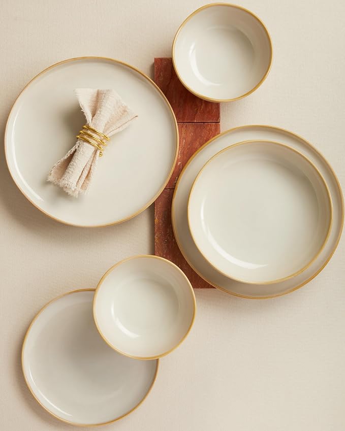 Pokini 24 Pieces Dinnerware Set for 6 with Pasta Bowls, Complete Ceramic Dish Set, Stackable & Glossy Stoneware Plate and Bowl Set for Effortless Everyday Hosting, Yellow White