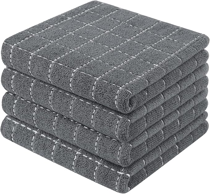 Mordimy 100% Cotton Terry Cloth Kitchen Towels, Super Soft and Absorbent Dish Towels for Drying, Checkered Designed Hand Towels for Kitchen, 13 x 28 Inches, 4 Pack, Grey