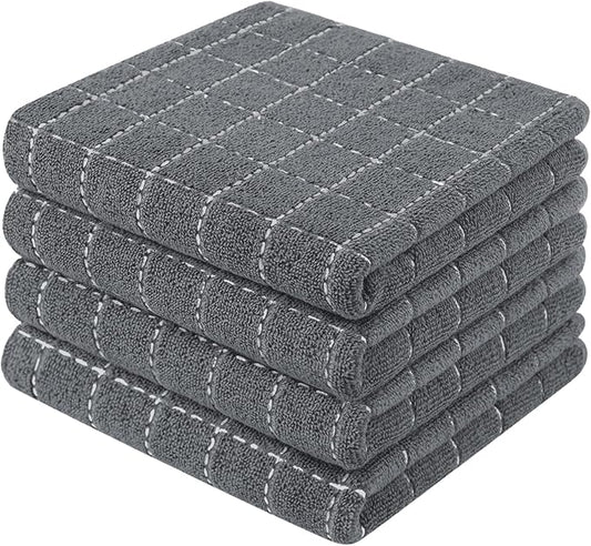 Mordimy 100% Cotton Terry Cloth Kitchen Towels, Super Soft and Absorbent Dish Towels for Drying, Checkered Designed Hand Towels for Kitchen, 13 x 28 Inches, 4 Pack, Grey
