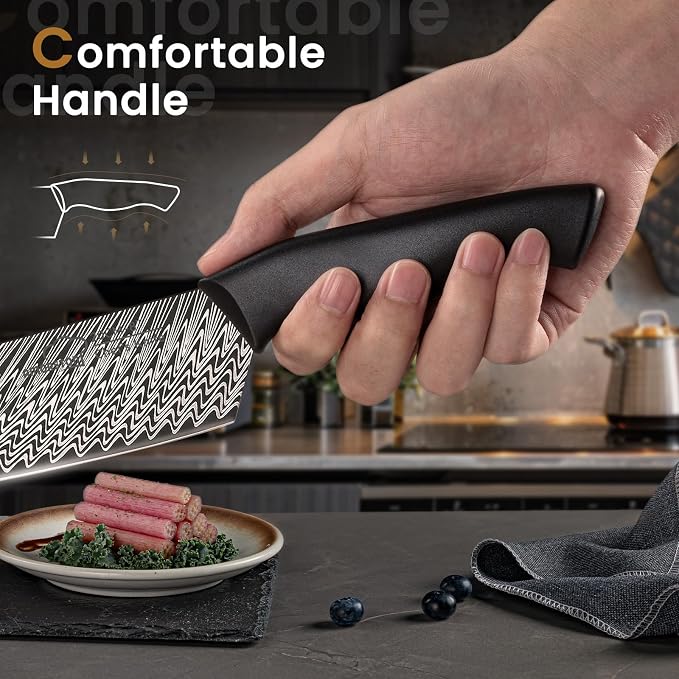 Amorston 15-Piece Kitchen Knife Set with Built-in Sharpener Block, German High-Carbon Stainless Steel Knives, Laser-Etched Blades, Dishwasher Safe, Ergonomic Handles, Elegant Gift for Modern Kitchens