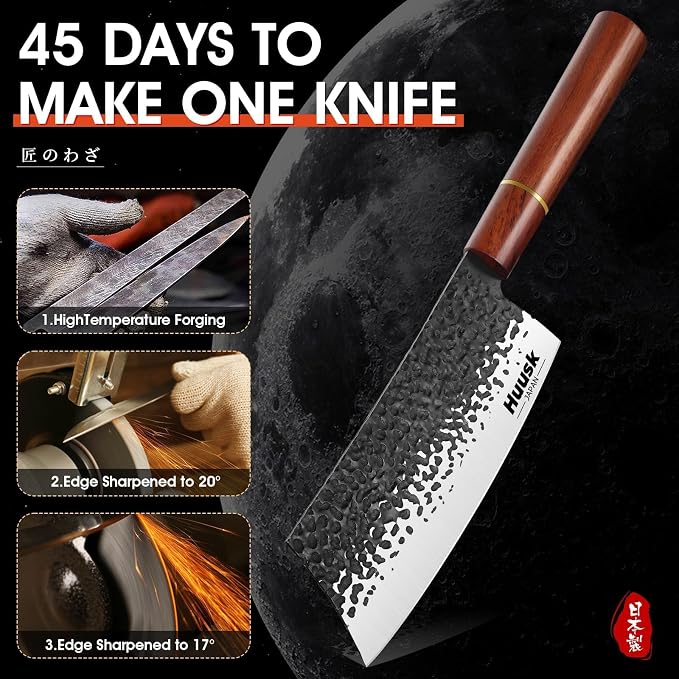Huusk Japanese Cleaver Knife for Meat Cutting, 6.7 inch Hand Forged Chef Knife High Carbon Steel Sharp Kitchen Knives for Chopping Vegetable, Ideal Gifts for Men and Women