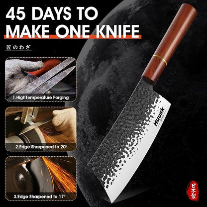 Huusk Japanese Cleaver Knife for Meat Cutting, 6.7 inch Hand Forged Chef Knife High Carbon Steel Sharp Kitchen Knives for Chopping Vegetable, Ideal Gifts for Men and Women