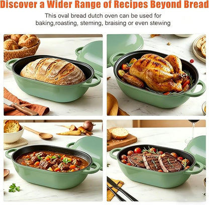 Enameled Cast Iron Sourdough Bread Oven, 5 QT Loaf Cast Iron Bread Pan with Lid, Oval Dutch Oven for Homemade Bread Baking, Meatloaf Pan with Lid (Fig Green)