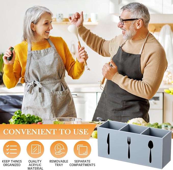 Suzile Acrylic Cutlery Storage Organizer Bin Silverware Caddy Countertop Knife Spoon and Fork Holder Kitchen 3 Section Tableware Storage Box for Cabinet Indoor Home Flatware Dining Room (Gray,M)