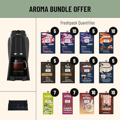 Flavia Aroma Brewer Bundle with 84 Freshpacks and 1 Merchandiser - Coffee Machine, Makes Coffee, Lattes, Tea, and other Hot or Iced Beverages, Multiple Brew Sizes, Black, Works ONLY with Freshpacks