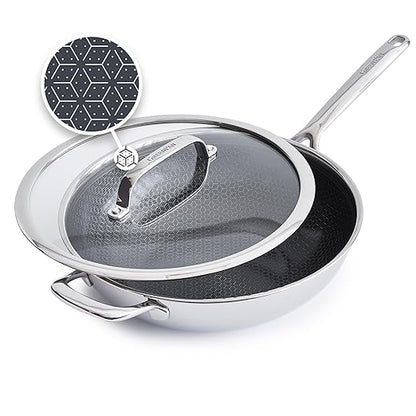GreenPan Spectra 12" Wok Pan with Lid, Hybrid Tri-Ply Stainless Steel, PFAS-Free Ceramic Nonstick Textured Cooking Surface, Induction Cookware, Diswasher Safe, Oven & Broiler Temp to 850˚F