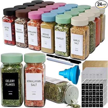 Spice Jars with Labels - 24 Glass Spice with Shaker Lids & Airtight Plastic Caps - 4oz Complete Seasoning Containers Organizer Set for Cabinet, Drawer & Rack (Light Green)