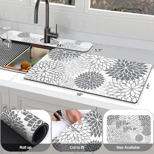 Findosom 2PCS 17" x 32" Dish Drying Mat & 24" x 5.5" Sink Splash Guard, Super Absorbent & Cuttable Dish Mat Drying Kitchen Mat with Gray Floral, Hide Stain Drying Mat for Kitchen Counter
