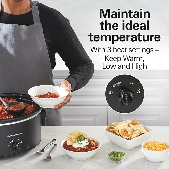 Hamilton Beach 7 Quart Slow Cooker with Space-Saving Folding Handles, 3 Heat Settings, Dishwasher Safe Stoneware Crock and Glass Lid, Black (33174)