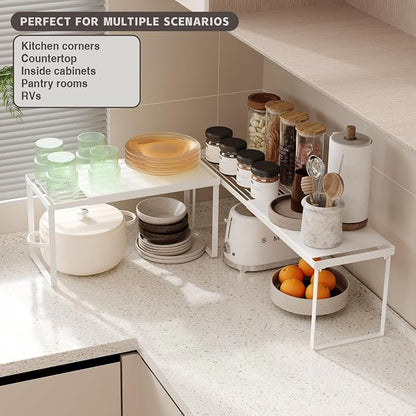 Magheo Expandable Cabinet Shelf Organizer, 1 Pack Stackable Kitchen Counter Shelf Riser, Metal Spice Rack Heavy Duty Countertop Organizer Storage for Kitchen, Pantry, Cupboard, Rv (8.7in Height,White)