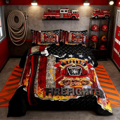 Manfei Fire Engine Red Axe Bed Comforter Set Queen Size,Firefighter Super Soft Microfiber Bedding Set for Girls Boys,American Flag Decorative Quilter Set
