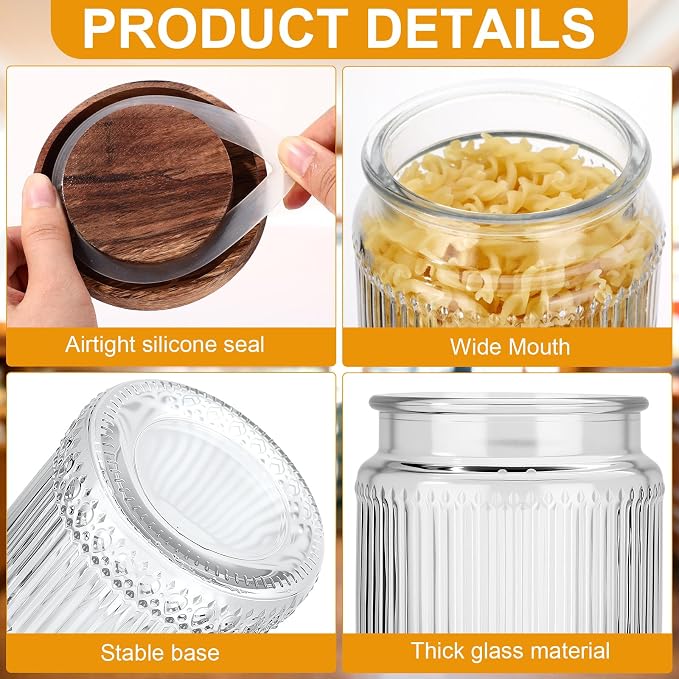 6 Pcs 1000ml/34 oz Vintage Glass Storage Jar Glass Containers with Wood Lid Ribbed Pattern Airtight Kitchen Spice Containers for Pantry, Coffee Bean, Grains, Tea, Sugar, Flour, Candy, Oats