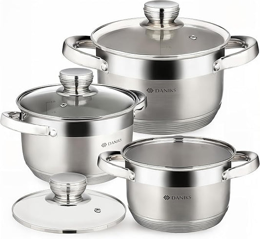 Daniks Standard 6-Piece Stainless Steel Cookware set with Glass Lid, Tri-Ply Bases for Even Heating, Induction Compatible, Dishwasher Safe, Built-In Measuring Scale, Silver