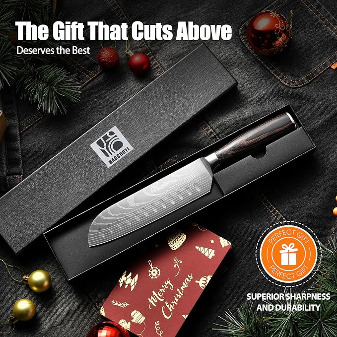 Santoku Knife 7 Inch - Ultra Sharp Japanese Steel Kitchen Knife, All-Purpose Chef Knife with Ergonomic Handle, Perfect for Slicing, Dicing, and Chopping, Luxury Gift Box Included