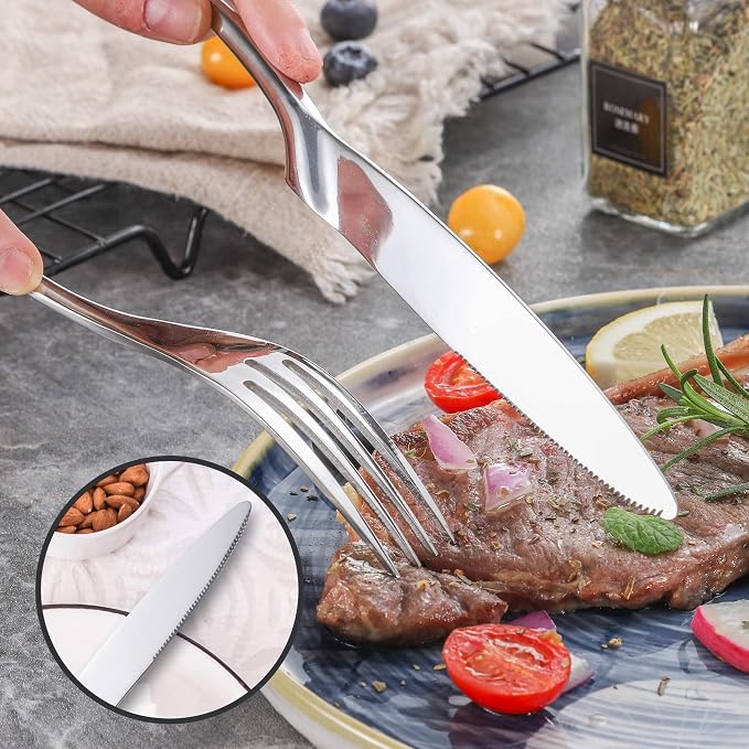Lemeya 24 Pieces Silverware Set for 6,Heavy Duty 18/10 Stainless Steel Flatware Set with Forged Stand Knife,Modern Cutlery Utensil Set,Mirror Polished,Dishwasher Safe
