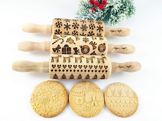 CHRISTMAS 3 Mini Embossed Rolling Pin Set Wooden Laser Engraved Textured rolling pins with Snowflakes, Elks, Christmas Trees and Gifts for Cookies by Algis Crafts